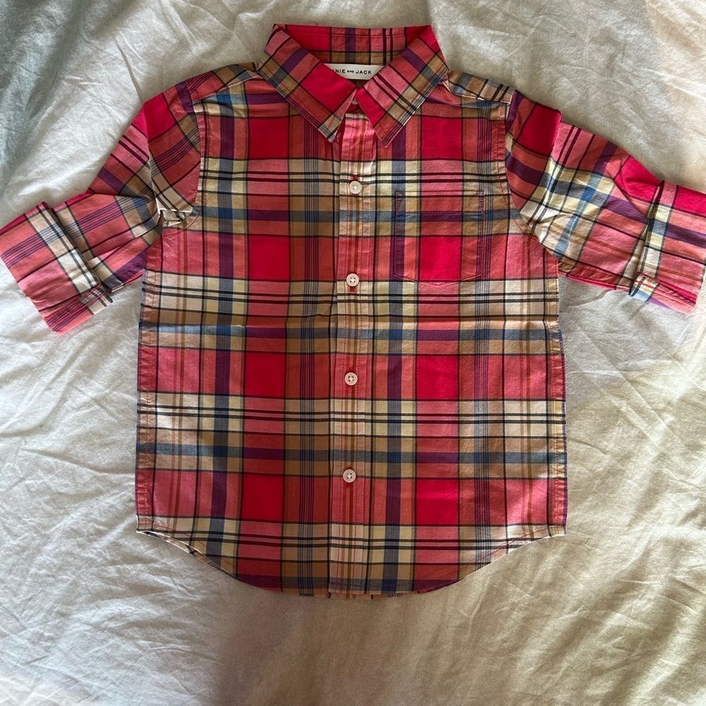 Janie and Jack Red and Tan Plaid Button Down Shirt